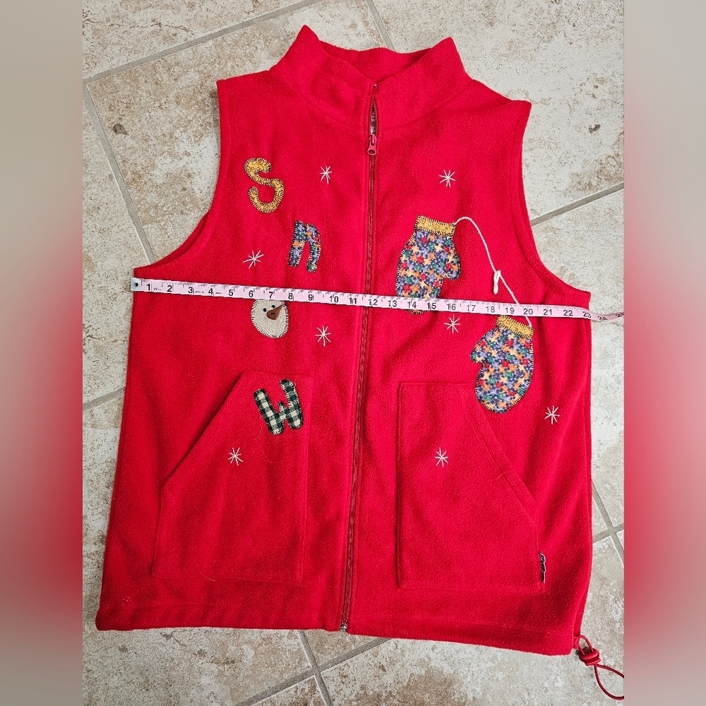 Nyl Wear Red Fleece Holiday Vest 1X Snowmen Mittens Appliqué Christmas Novelty - Picture 5 of 6